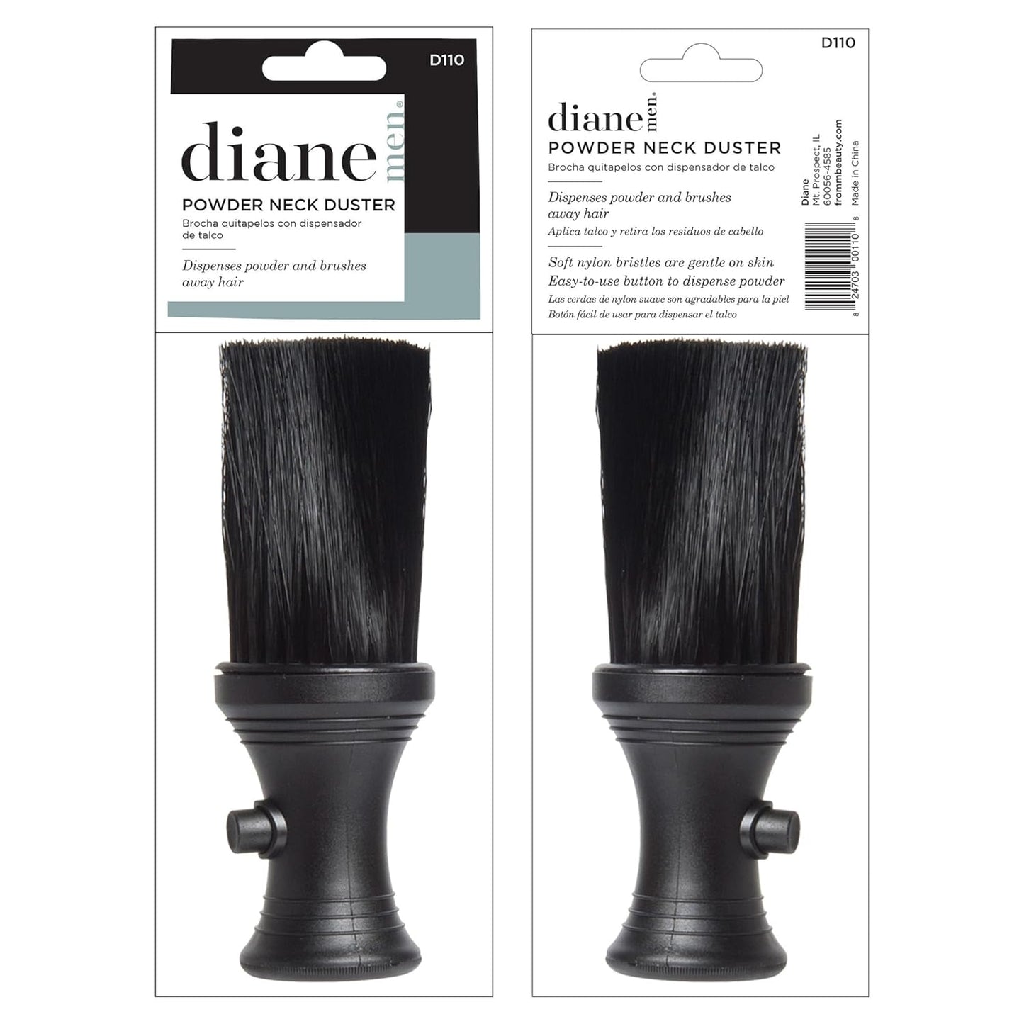 Diane Neck Duster with Powder Dispenser Barber and Salon Brush to Remove Loose Hair from Neckline and Ears, Soft Nylon Bristles, Stand Up Base, 6.25”