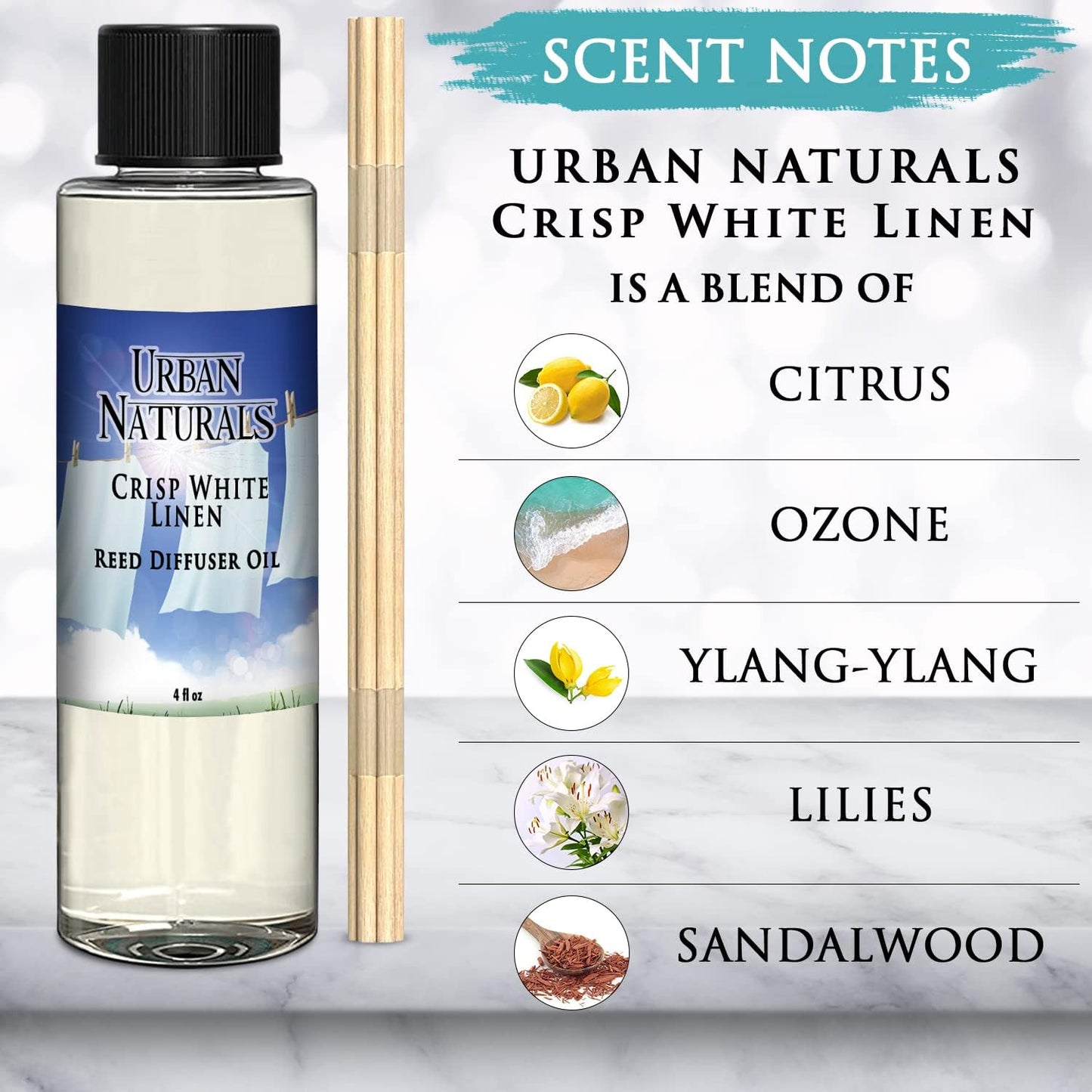 Urban Naturals Crisp White Linen Scented Oil Reed Diffuser Refill | Free Set of Reed Sticks! A Fresh, Clean Cotton Scent, 4 oz