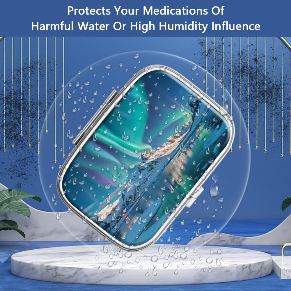 Pill Box 2 Compartment Small Pill Case,Portable for Pocket or Purse Pill Organizer Pill Container Holder to Hold Vitamins, Medication, Fish Oil and Supplements(Aurora Lights)