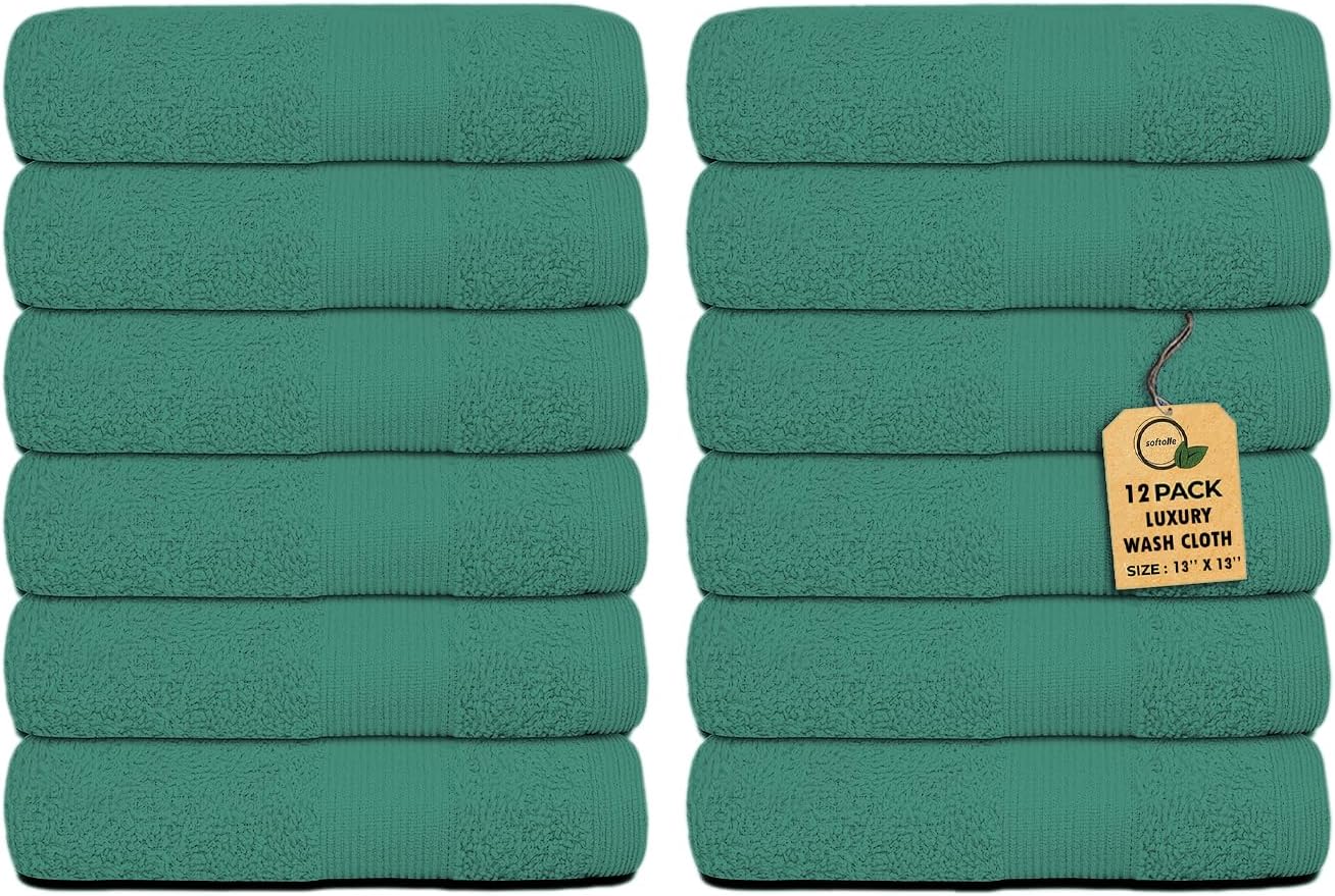 Premium Wash Cloths Pack of 12 (13" x 13") 100% Ring Spun Cotton | Luxury Washcloths | Ultra Soft Face Towels | Highly Absorbent Wash Cloths for face (Dusty Green)