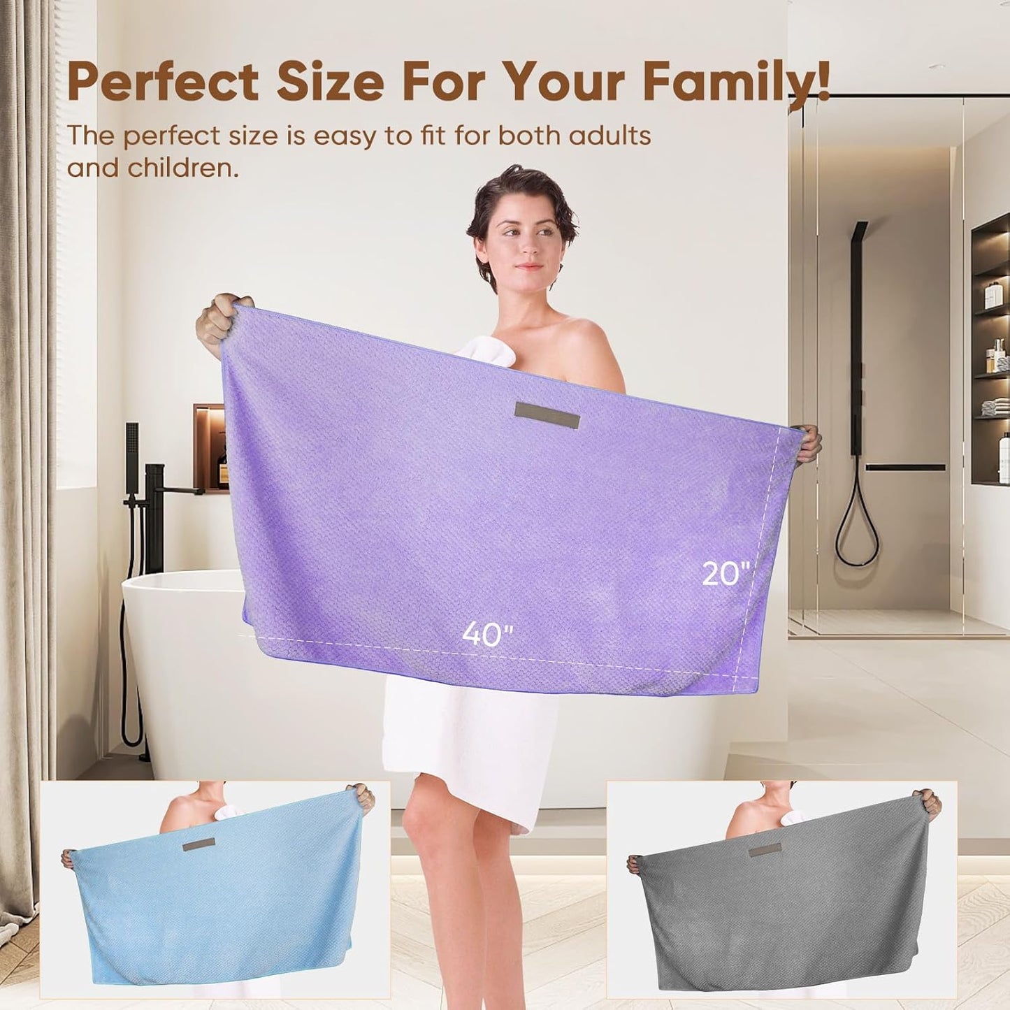 HOMEXCEL 5 Pack Microfiber Hair Towels - 40 x 20 inches Super Soft, Fast Drying Turbans for Long, Thick, Curly Hair - Anti Frizz Wrap with Elastic Strap, Purple/Blue/Grey