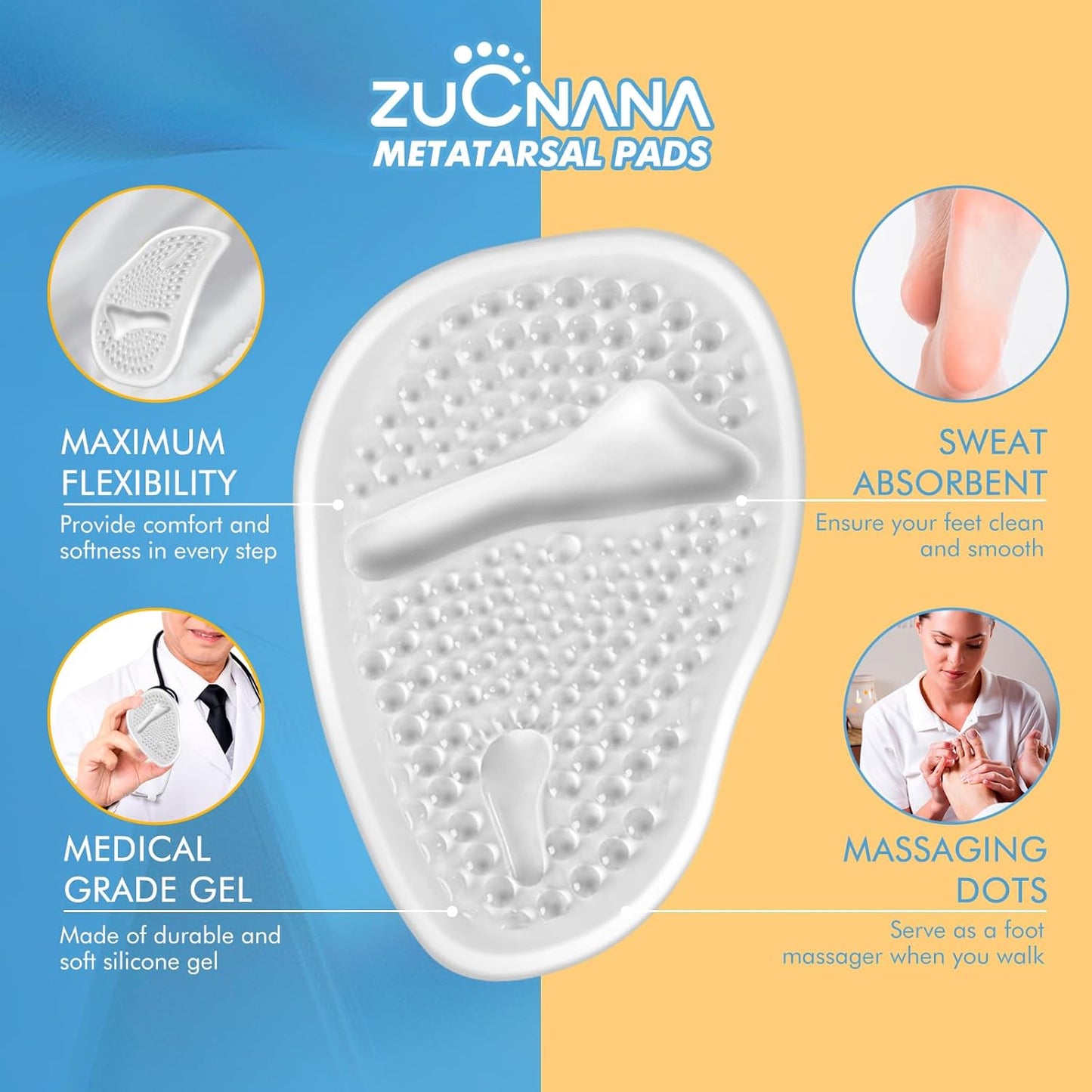 Metatarsal Pads for Women - Soft Gel High Heel Insoles, 4 Pairs, Non-Slip Design, Instant Foot Pain Relief, Self-Sticking Back, Fits All Feet Sizes