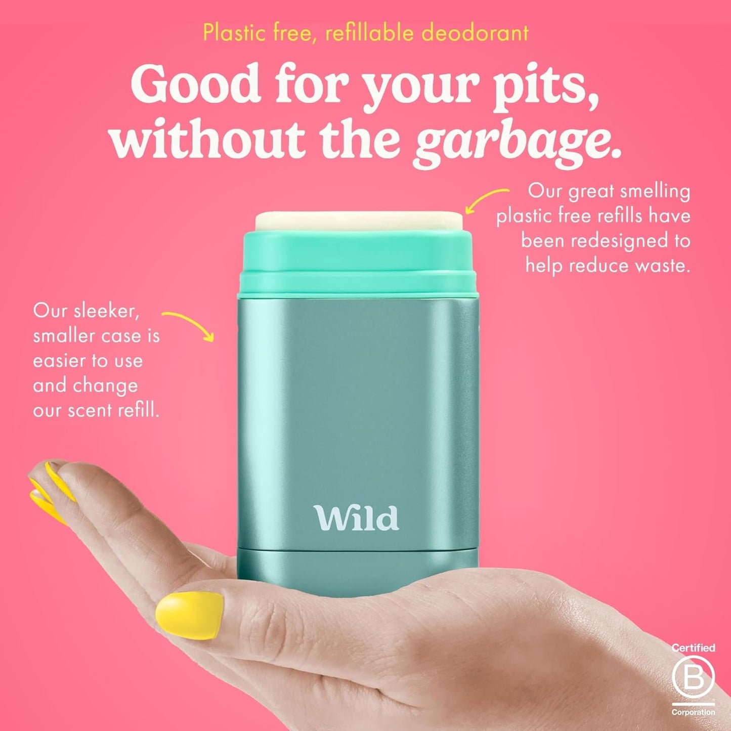 Wild - Refillable Deodorant Starter Kit with Aqua Case and Pink Grapefruit & Lime Scented Refill 1.4oz - Aluminum Free - Long Lasting Protection - Vegan