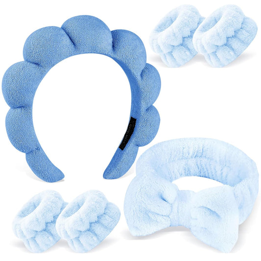 Zkptops 6Pcs Spa Headband for Washing Face Wristbands Set Women Bubble Skincare Makeup Sponge Terry Cloth Padded Puffy Headband Bow Tie Hairband Cute Non Slip Thick Hair Accessory Gifts(Dark Blue)