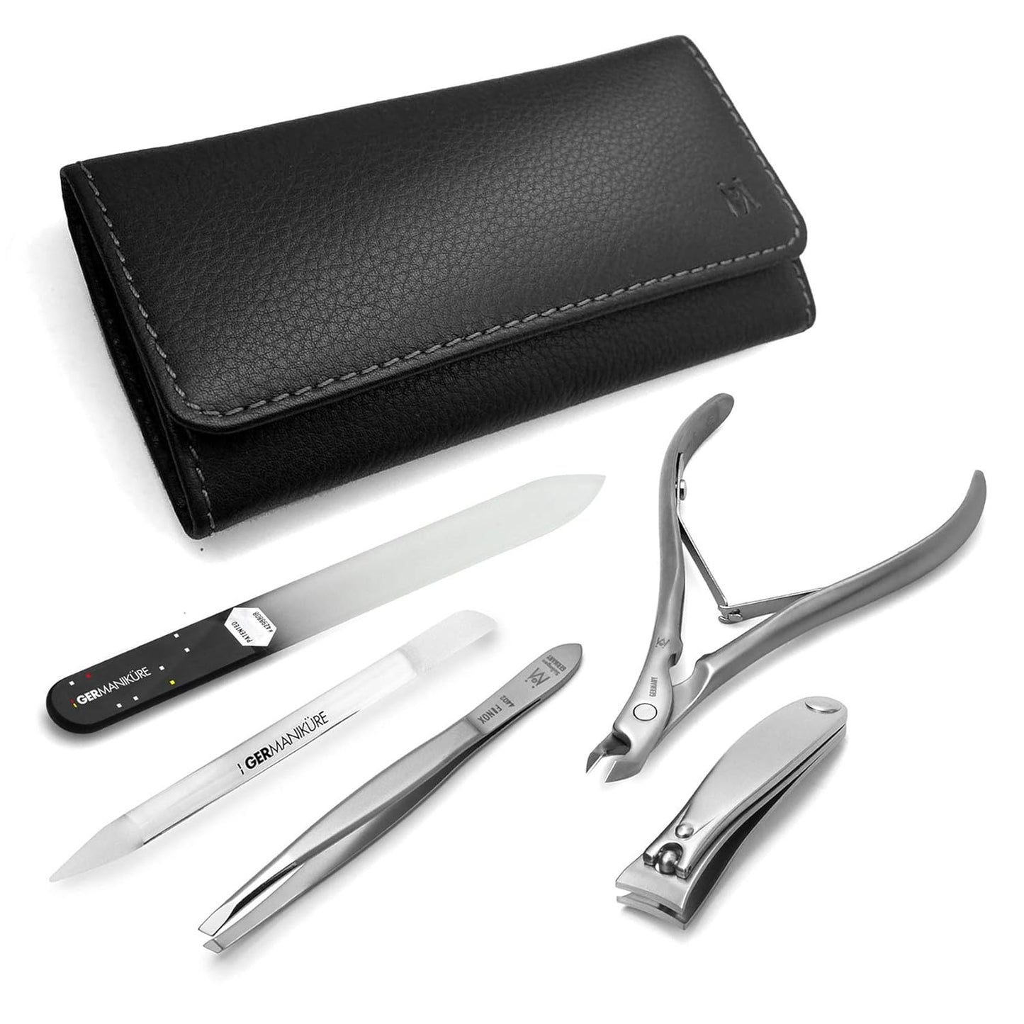 GERMANIKURE 5pc Manicure Set in Leather Case - FINOX Stainless steel tools handmade in Solingen Germany – Professional Nail and Cuticle Care Travel Implements