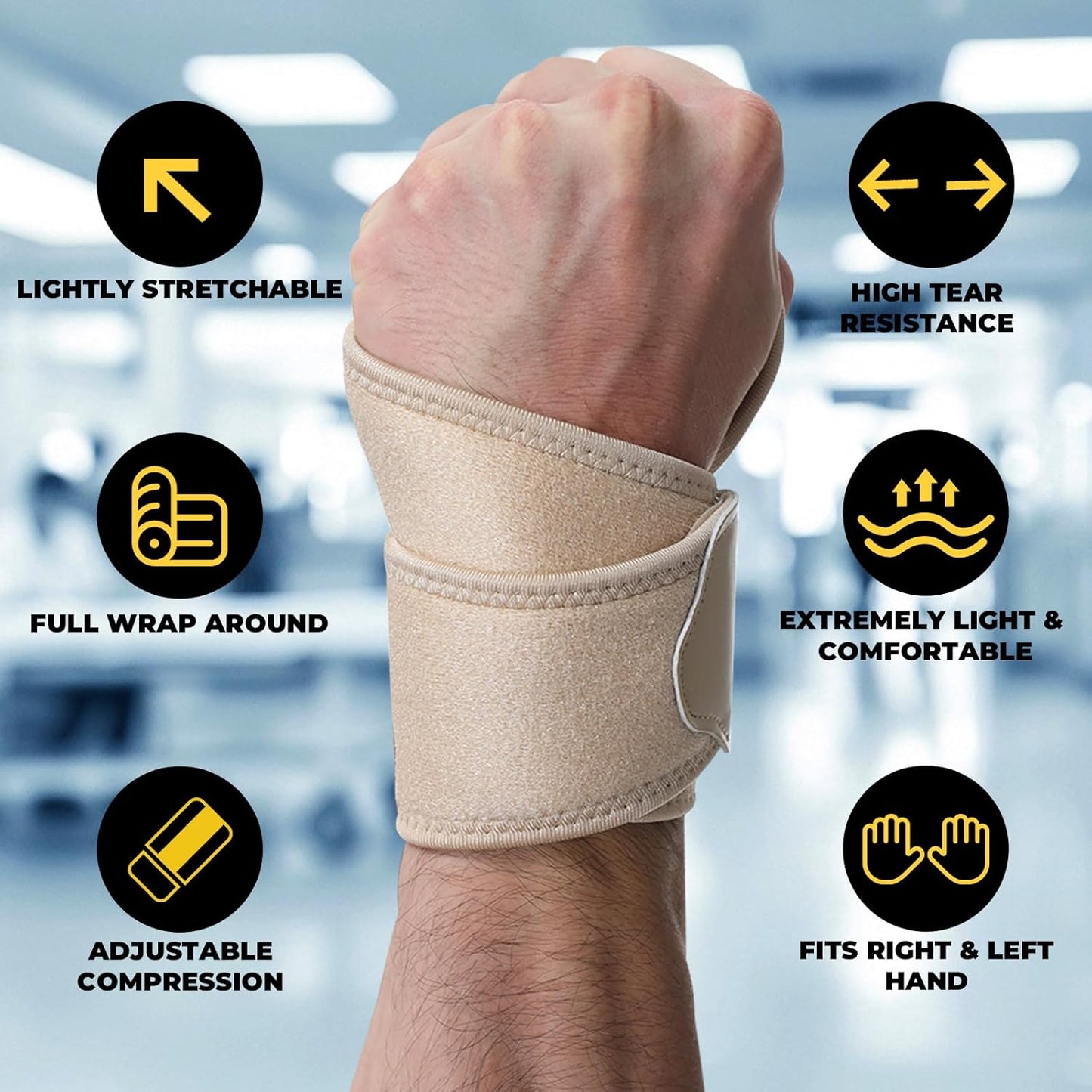 NeoTech Care Wrist Band - Elastic & Breathable Fabric - Adjustable Compression Strap - Men, Women, Right or Left - Support Wrap for Protection or Sports (Beige Color, Size M, 1 Pair)
