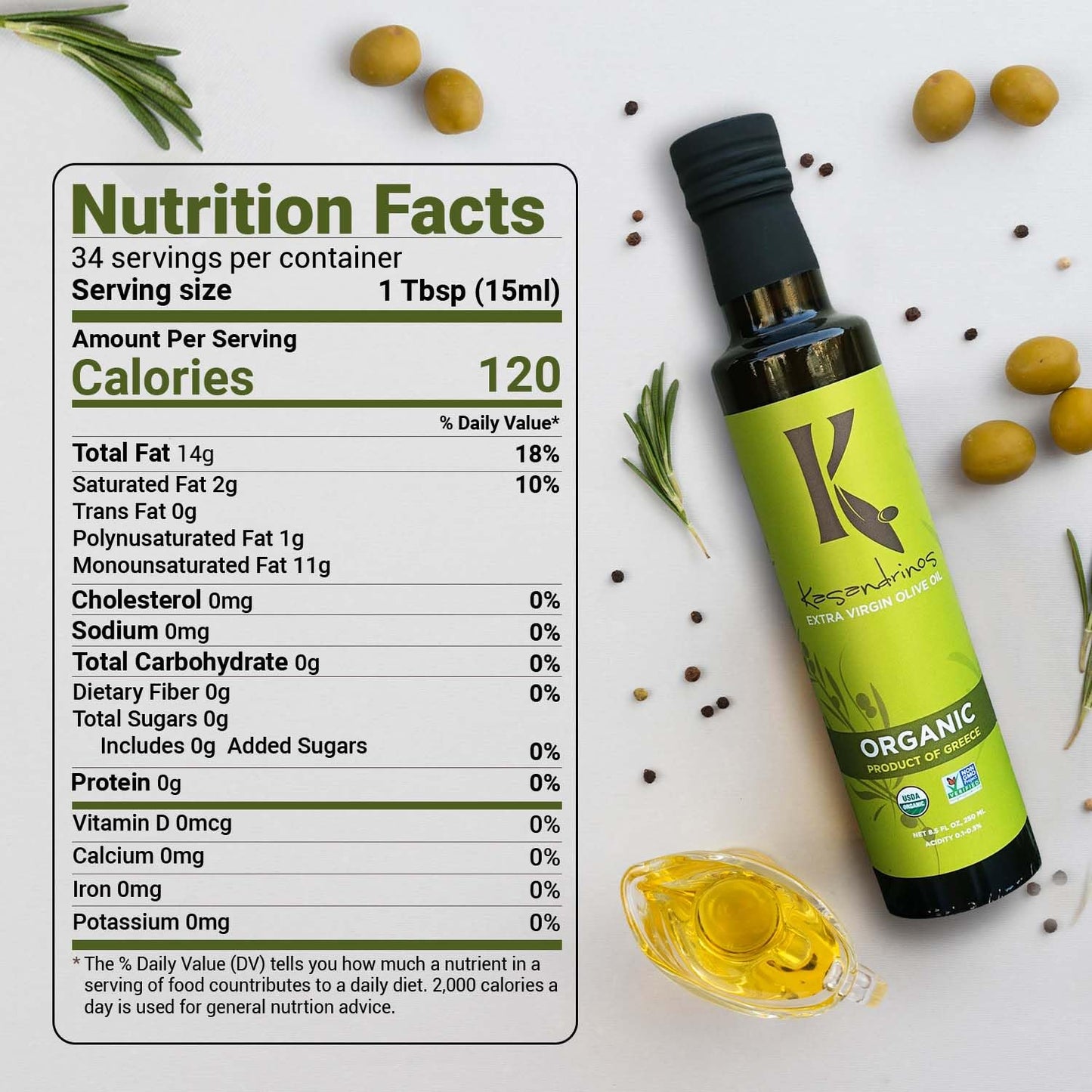 Kasandrinos Organic Olive Oil Extra Virgin, Polyphenol Rich Greek Olive Oil, 100% Organic First Cold Pressed, Mild + Delicate Flavor, Verified by Non GMO, 250 ml / 8.5 oz (Pack of 2)