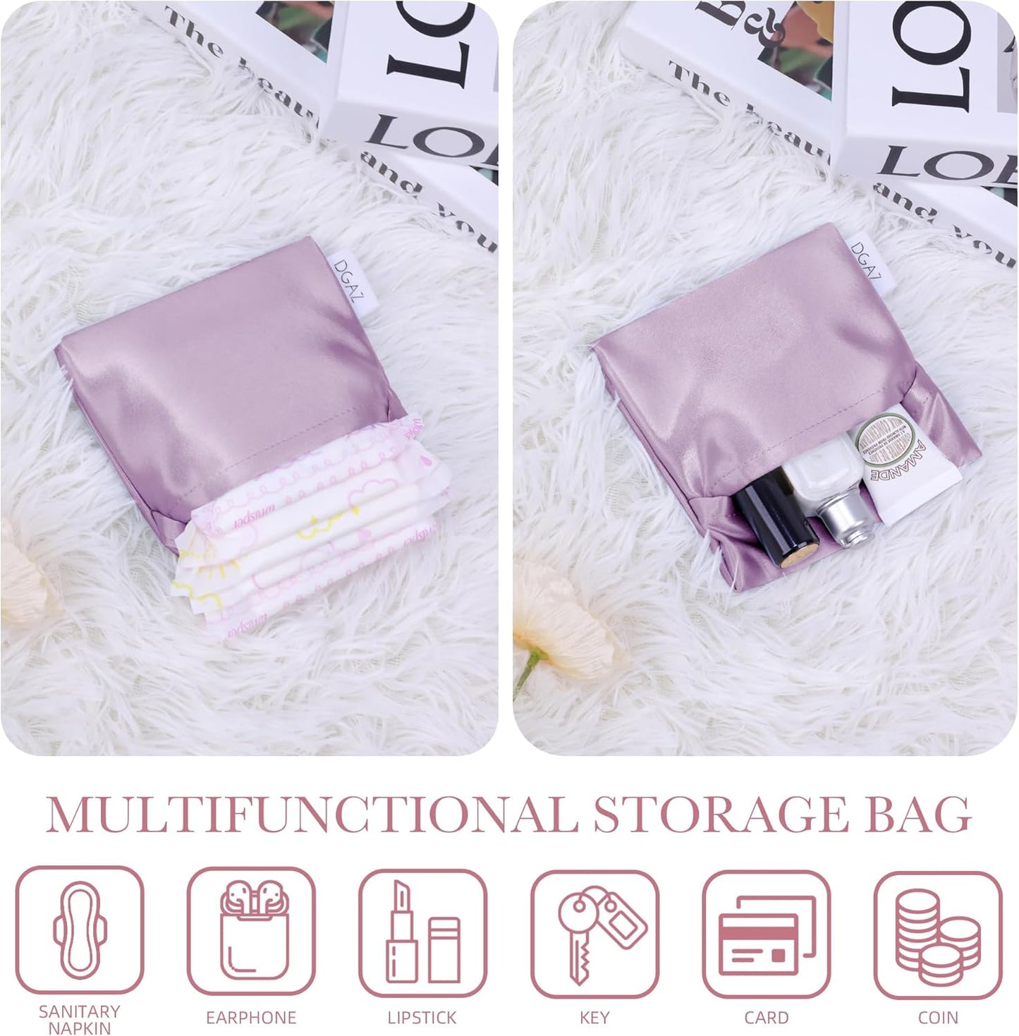 DGAZ Silk Sanitary Napkin Storage Bag, Period Bag for Teen Aged Girls, Portable Period Bag for Panty Liners/Menstrual Cup/Small Tampons，Mini Makeup Bag for Purse(Lavender)