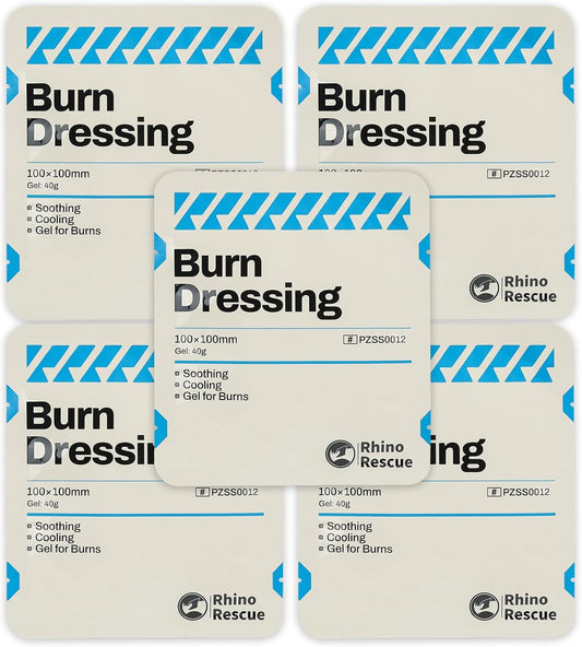 Rhino Rescue 5 Pack 4" X 4" Burn Dressing, Burn Gel Cooling Soothing Cream Relief Burn First Aid Supplies (5)