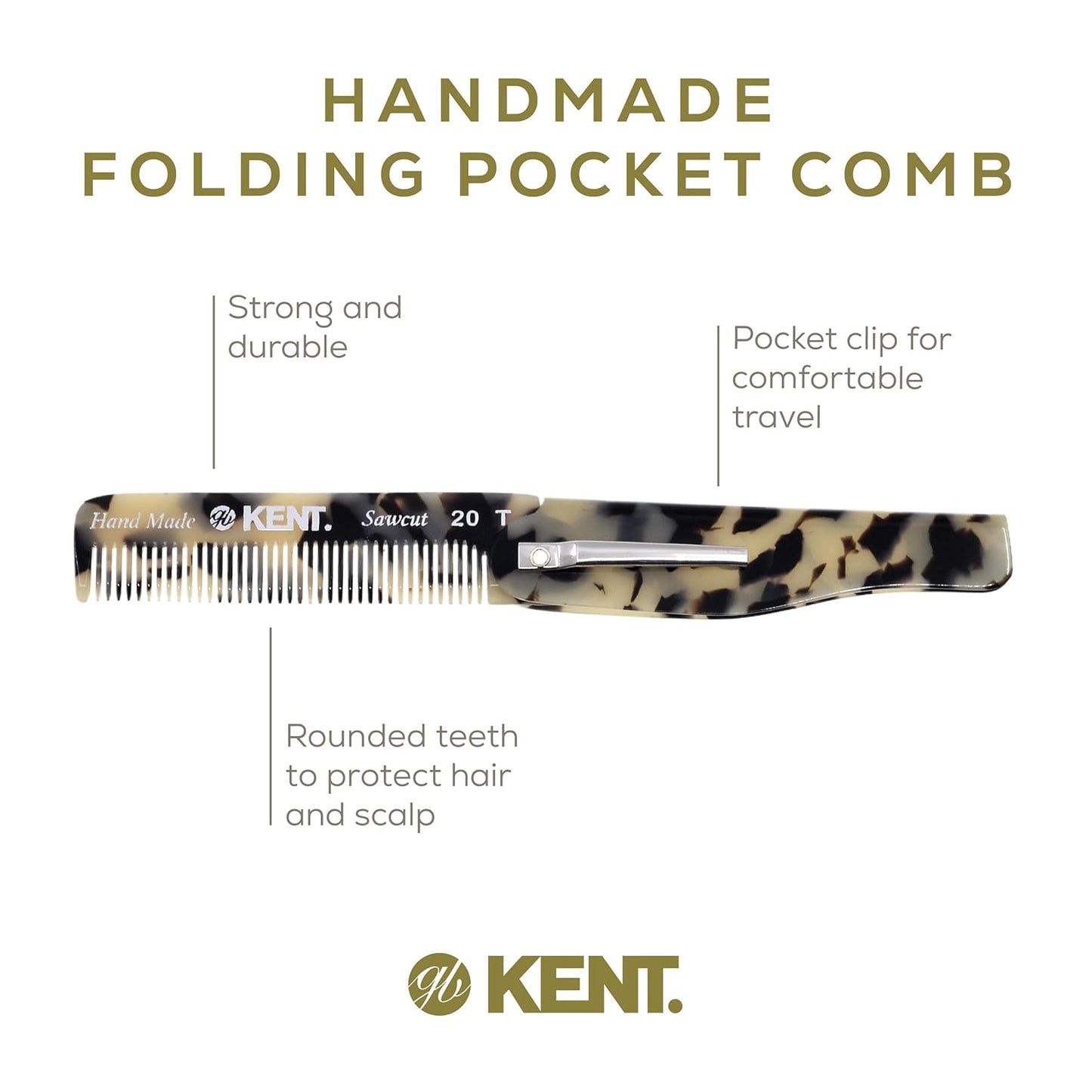 Kent 20T Handmade Fine Tooth Folding Comb with Hand Made Pocket Comb for Beards and Mustache - Beard Growth/Fine Tooth - Beard Straightener for Mens Grooming Kit