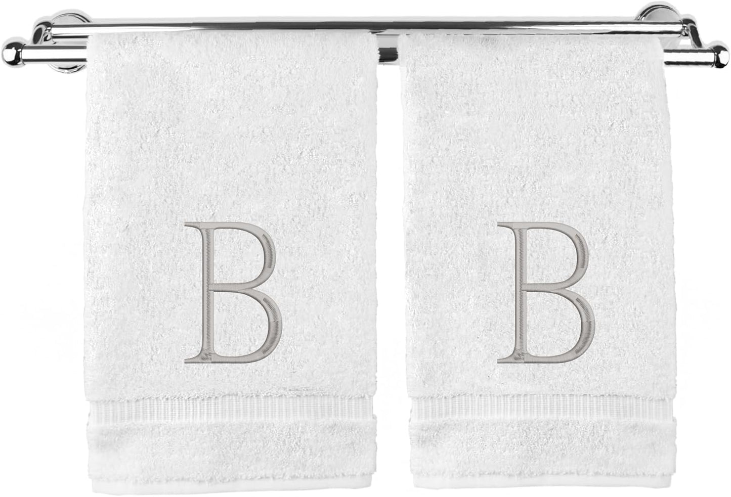 Monogrammed Hand Towel, Personalized Initial Gift, Extra Absorbent 100% Turkish Cotton - Soft Terry Finish - Set of 2 - Silver Block Initial B - Embroidered on White Towels