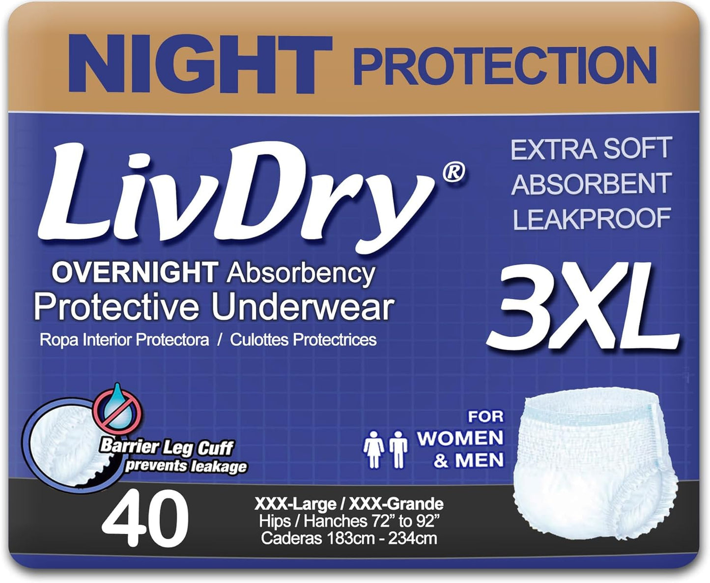 LivDry Adult Incontinence Underwear, Overnight Comfort Absorbency, Leak Protection (XXX-Large (40 Count))