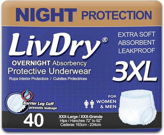 LivDry Adult Incontinence Underwear, Overnight Comfort Absorbency, Leak Protection (XXX-Large (40 Count))