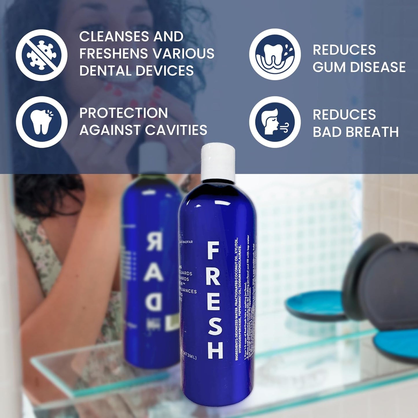 RAD FRESH - Natural Mouth Guard Cleaner with Food-Grade Hydrogen Peroxide, Easy-to-Use, No-Rinse-Formula Retainers Cleaner for All Oral Devices Like Aligners, Dentures & More, 1 Pack, 1 oz