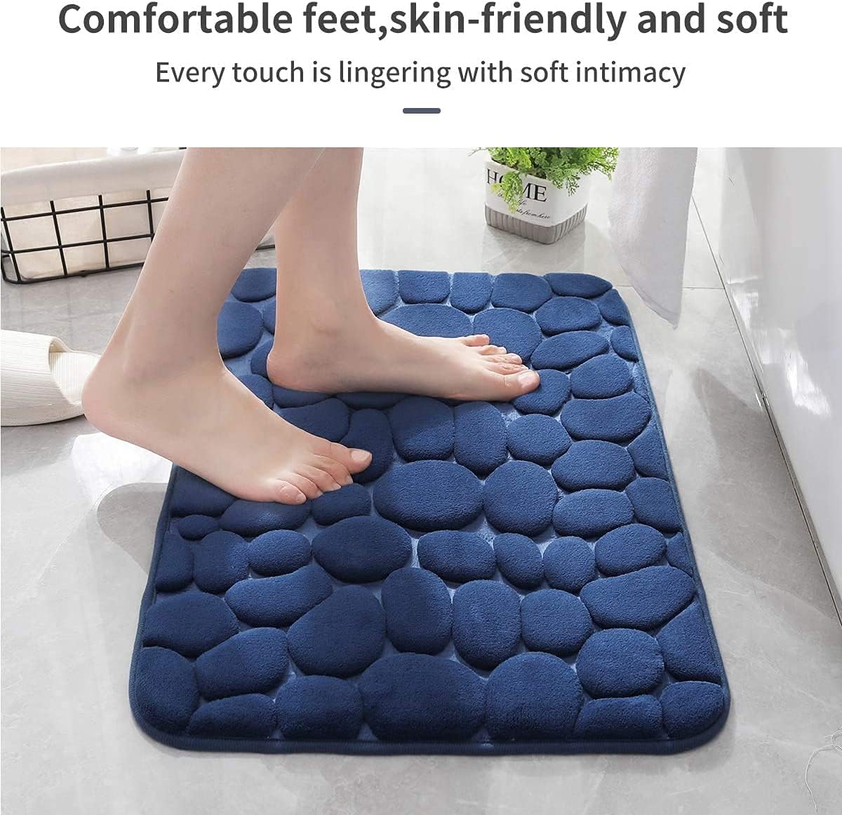 YIHOUSE Memory Foam Bath Mat Cobblestone Bathroom Rugs Super Water Absorbent Bath Mats for Bathroom Machine Washable Bath Rugs(20x32,Dark Blue)