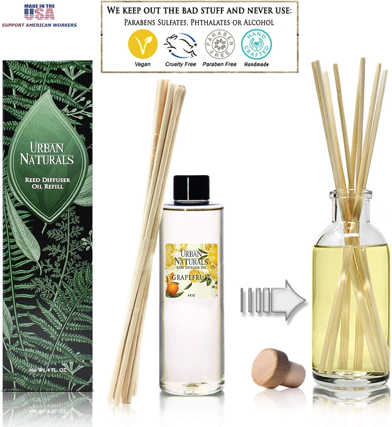 Urban Naturals Grapefruit Scented Oil Reed Diffuser Refill | Includes a Free Set of Reed Sticks! 4 oz.