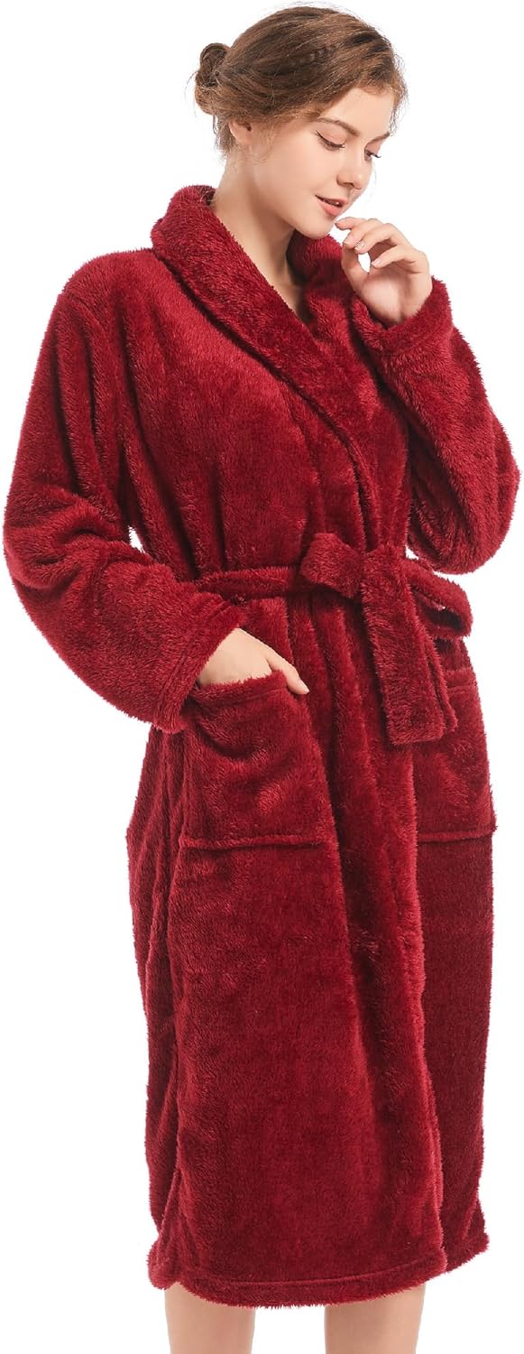 Inner Wish Womens Plush Fleece Robe, Cozy Warm Bathrobe Fuzzy Female Spa Robe With Pockets