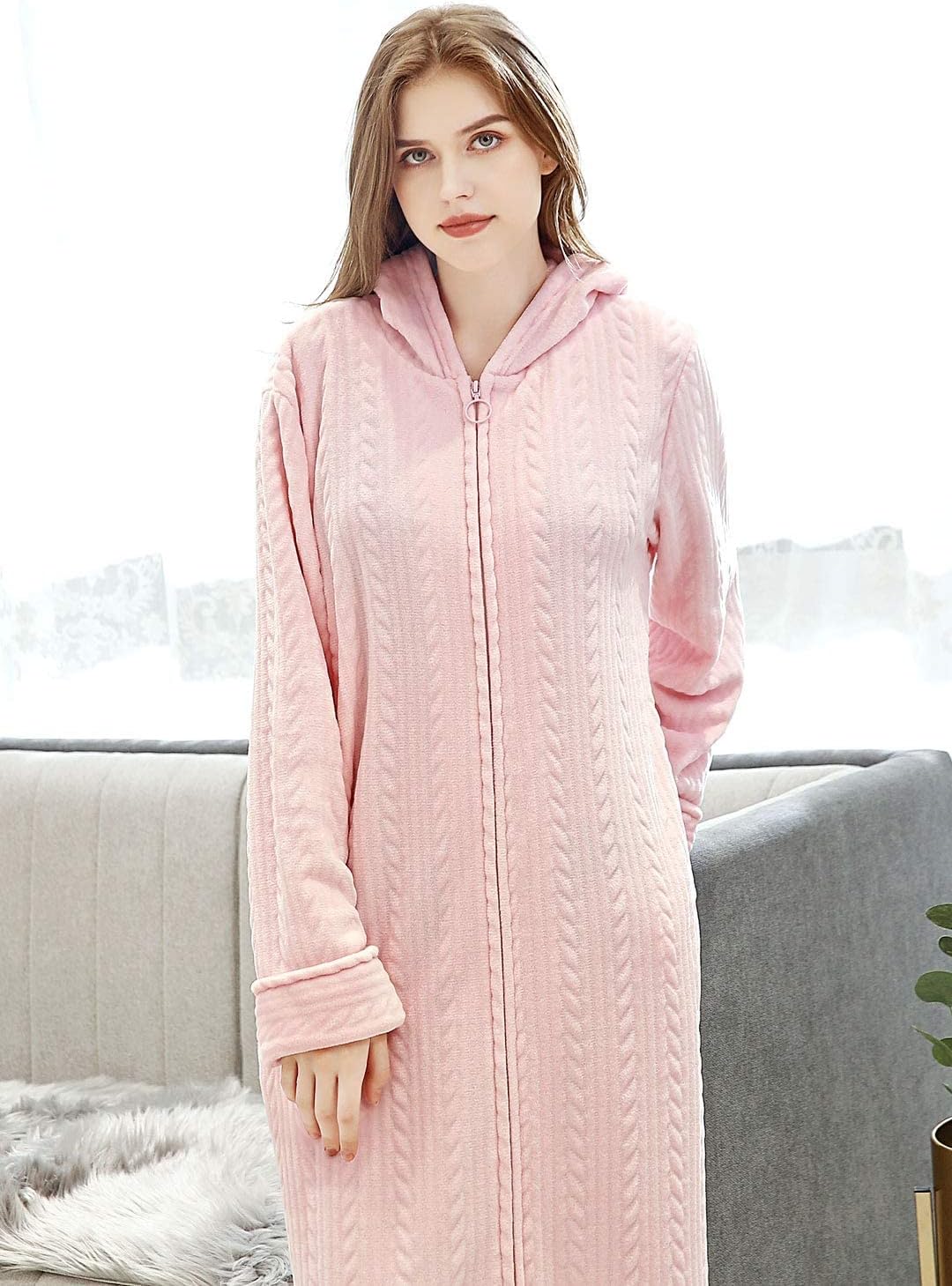 Hellomamma Long Hooded Zipper Bathrobe for Womens Flannel Fleece Robes Winter Warm Housecoat Nightgown Sleepwear Pajamas