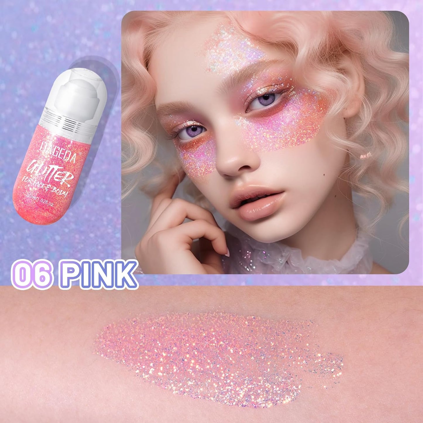 DAGEDA Body Glitter Gel, Roll-on Face Glitter for Mermaid Makeup Festival Rave Accessories, Holographic Hair Glitter Gel,Body Shimmer Halloween Makeup for Rave Party (Pink)