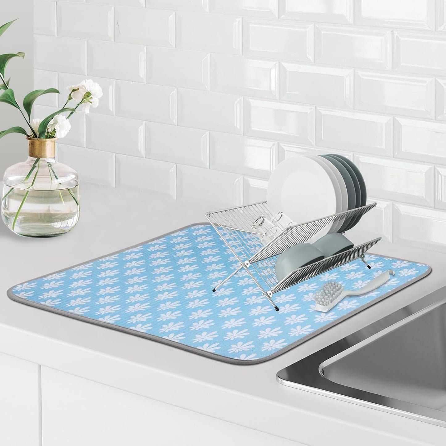 SHIYUE Dish Drying Mat for Kitchen Counter Super Absorbent Spring Kitchen Decor Microfiber Drying Matainers Rack Fast Pad Dish Drainer Mats(Light Blue Flower,18''x24'')