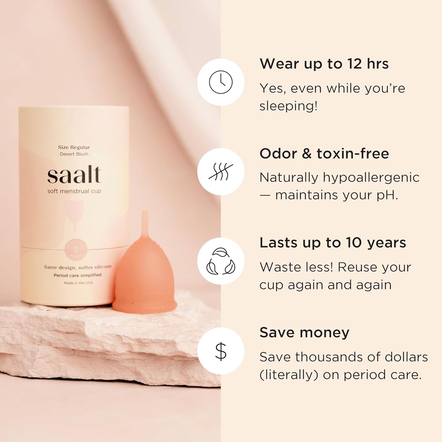 Saalt Soft Menstrual Cup – Reusable Period Cup – Made for Comfortable, Leak-Free Protection Up to 12 Hours – BPA & Latex Free – Includes Cup & Carry Bag (Regular, Desert Blush)