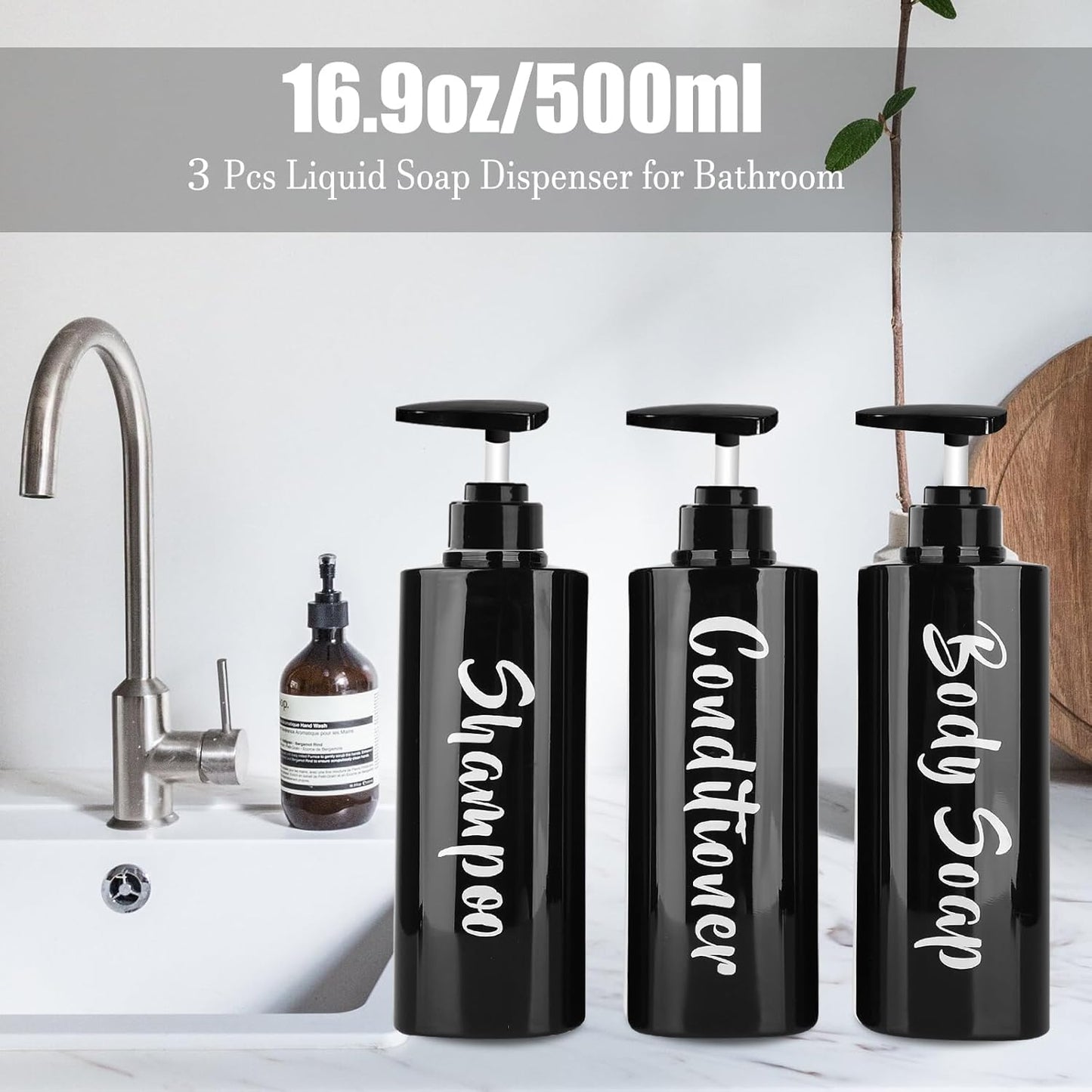 16.9oz Shampoo and Conditioner Bottles Set of 3-Printed Shower Soap Dispenser Plastic Shampoo Bottles Refillable with Pump - Shampoo Conditioner Body Wash Dispenser for Bathroom Shower Black