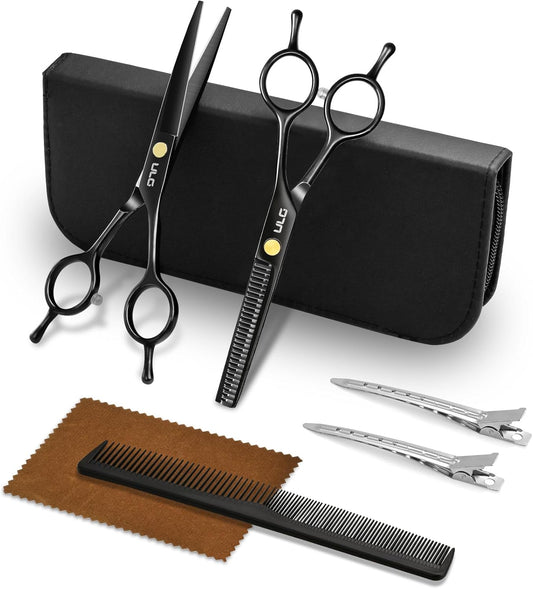 ULG Professional Hair Cutting Scissors Set – 6.5” Japanese Stainless Steel Barber Shears & Thinning Scissors with Comb, Clips & Case – At-Home Salon Haircut Kit for Men, Women, Kids, Black