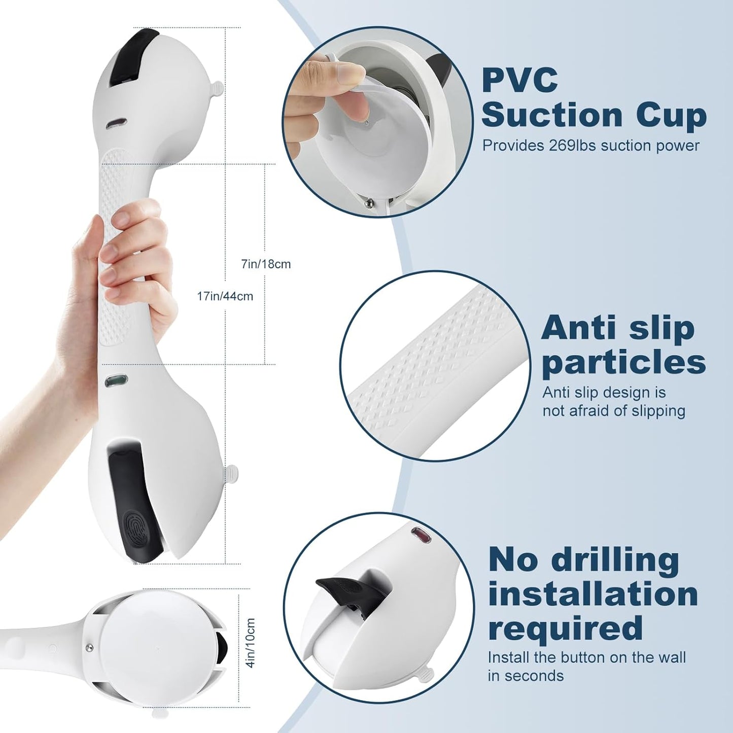 Shower Grab Bar 2 PCS Suction Grab Bars for Bathtubs and Showers, Shower Handle Removable Shower Handrails for Kids, Bathroom Safety Grip Waterproof(White)