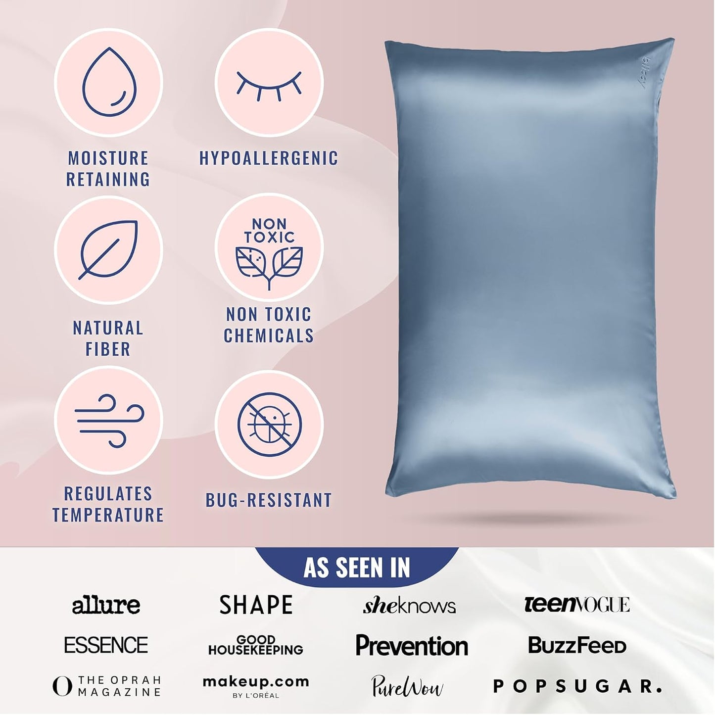 Blissy Silk Pillowcase - 100% Pure Mulberry Silk - 22 Momme 6A High-Grade Fibers - Silk Pillow Cover for Hair & Skin - Regular, Queen & King (Ash Blue, Standard)