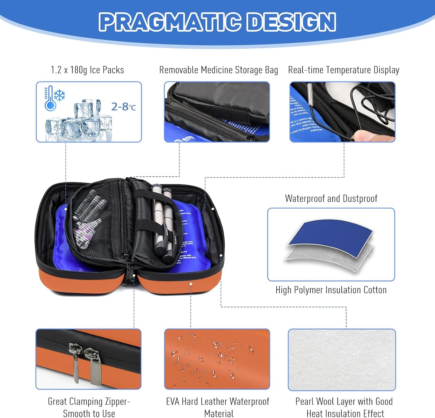 Insulin Cooler Travel Case, 2 × 180g TSA Approved Ice Packs, Refrigerated Medicine Case with Temperature Display (Orange)