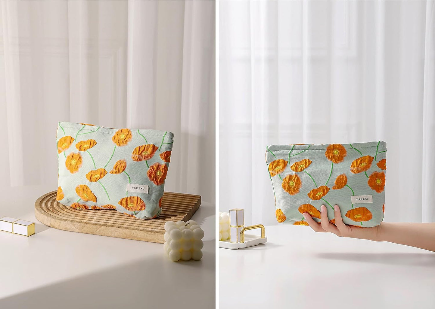 2 Pcs Makeup Bags, Large Cosmetic Bag Travel Toiletry Bag Organizer for Women, Embroidery Craft, Floral Makeup Bag Small Cosmetic Pouch Purse with Zipper Gifts for Girls Teen