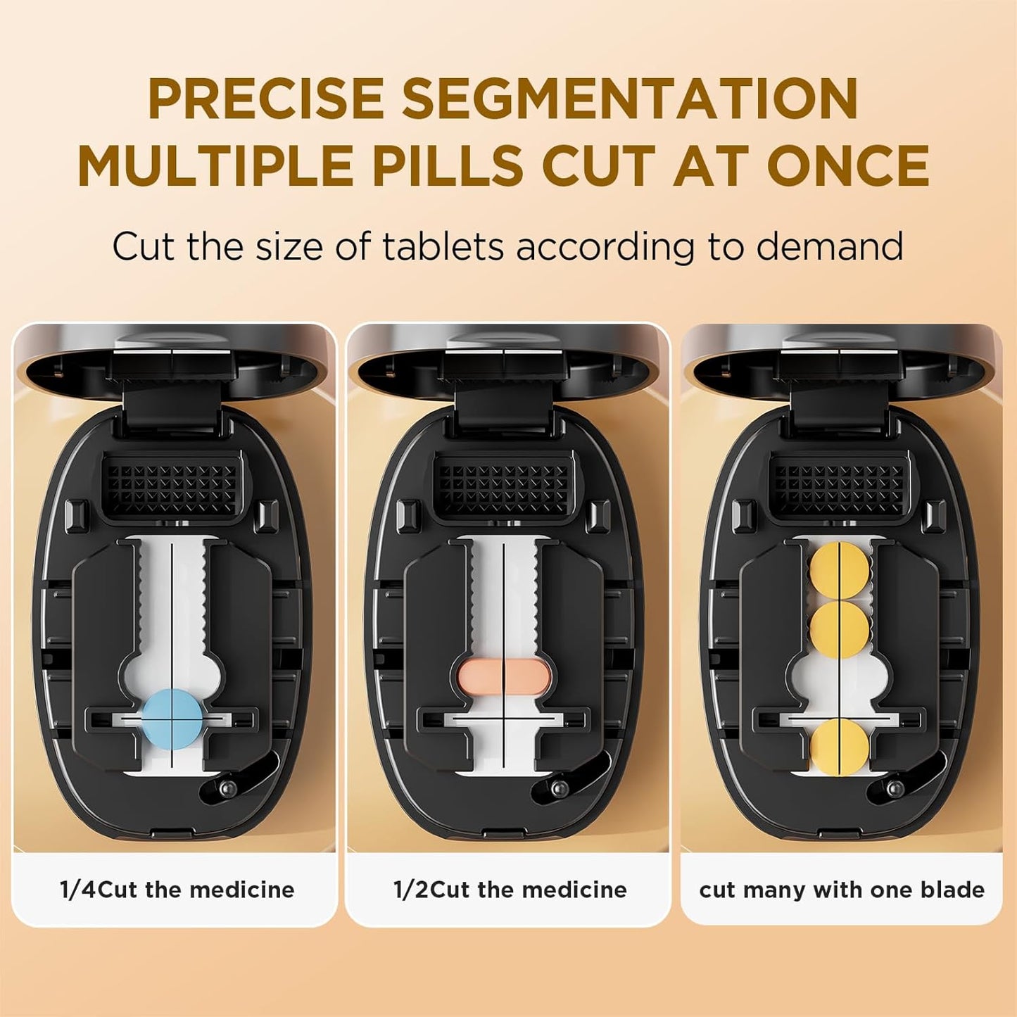 Pill Cutter Splitter for Small and Tiny Pills, 1/2 1/4 Pill Splitter for Small Pills,Vitamins, Tablets in Half or Quarters, Accurate and Easy Cutting, Stainless Steel Blade, Back Storage (Black)