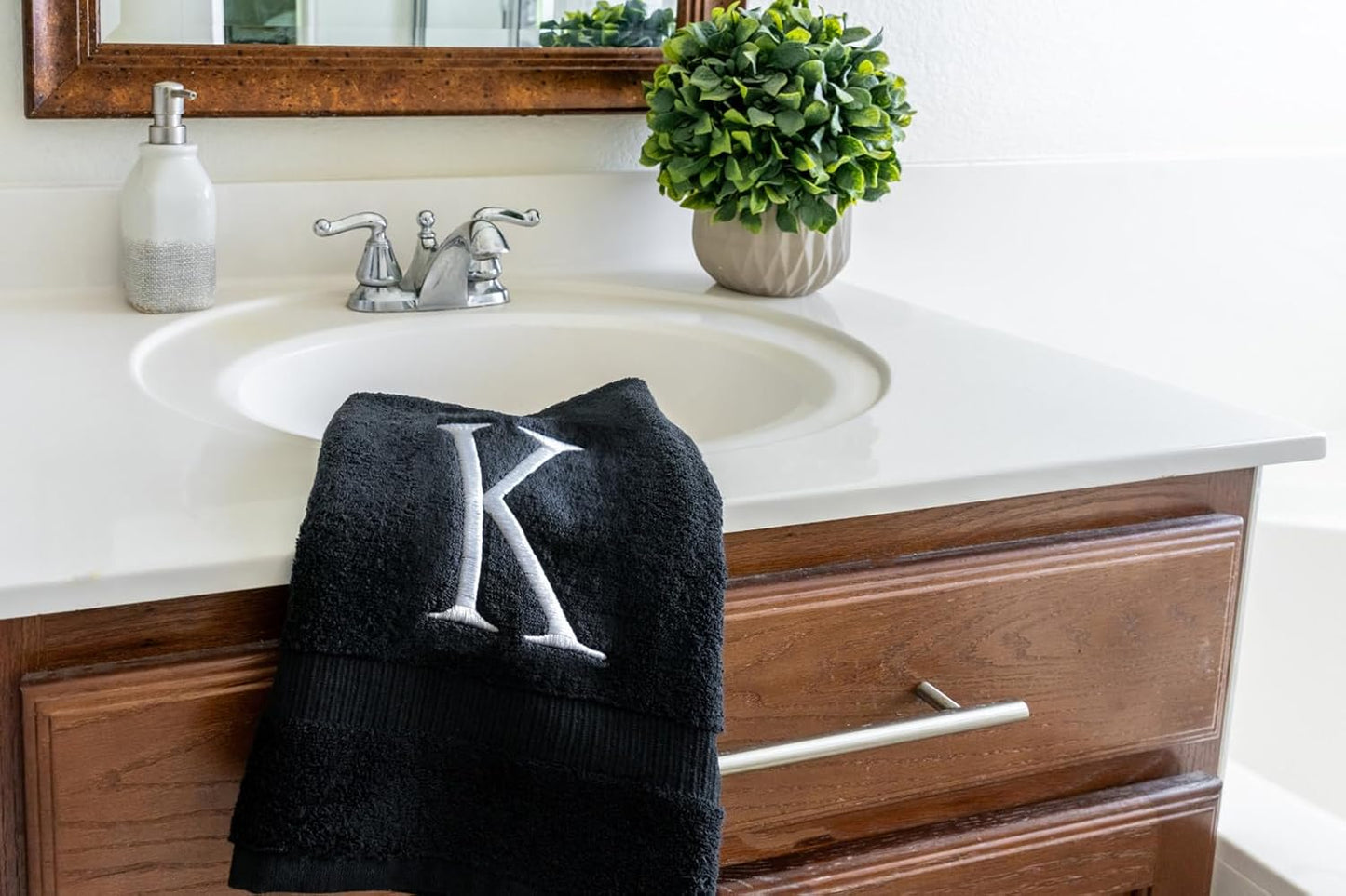 Black Monogrammed Hand Towels for Bathroom- Black and White Luxury Hotel Quality Personalized Initial Decorative Embroidered for Powder Room, Spa-GOTS Organic Certified - Pack of 2, Letter K