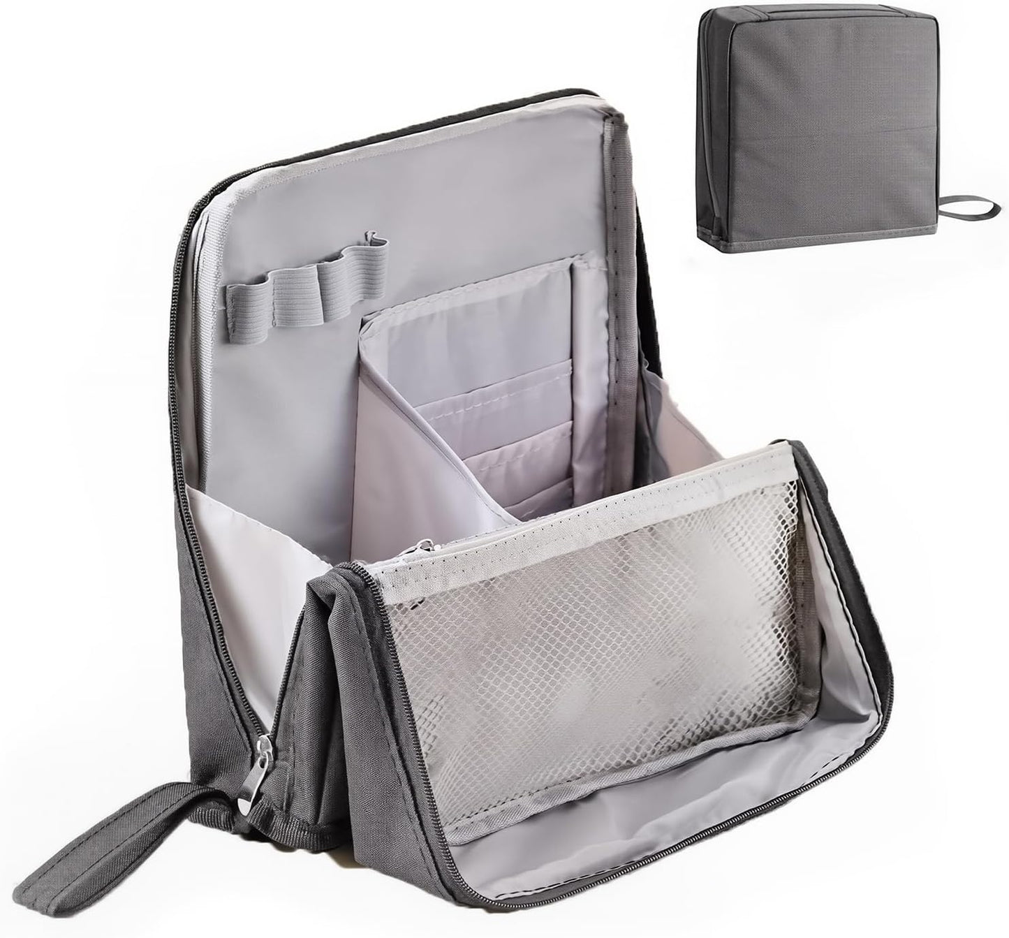 Standing Makeup Bag with Brush Holder, Organizer Travel Cosmetic Bags, Small Make Up Pouches for Women Grey