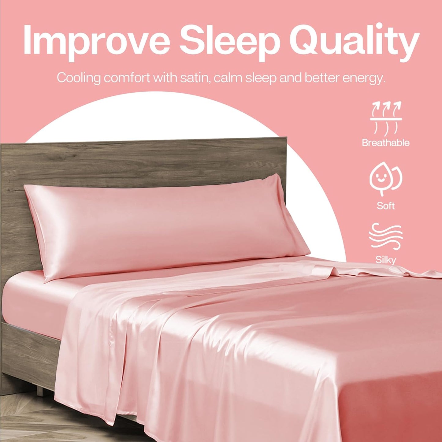 MR&HM Satin Body Pillow Cover, Soft and Breathable Body Pillow Case with Envelope Closure, Cooling and Silky Long Pillowcase for Hair and Skin,Grey (20x54, Blush)