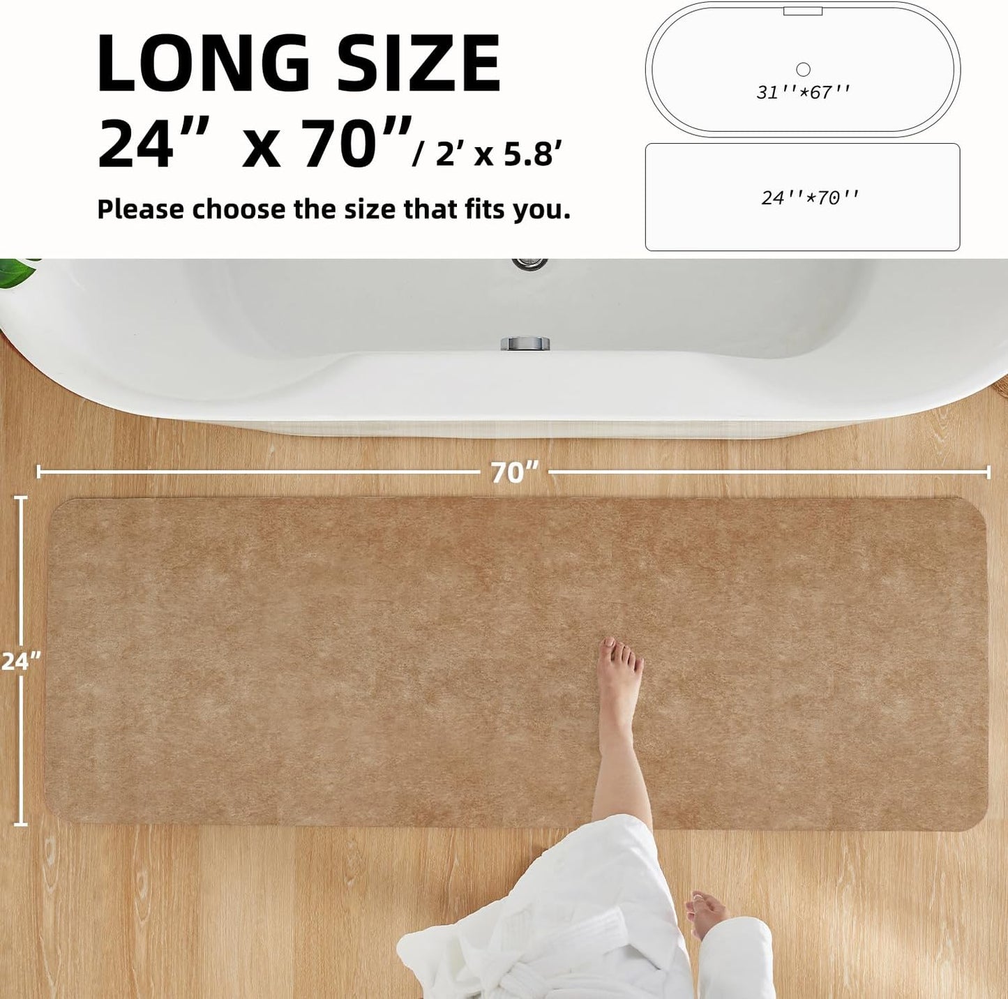 Bathroom Mat Quick Dry, Bathroom Rugs Non Slip Washable Thin Absorbent Bath Mat Fits Under Door Bathroom Floor Mat Perfect for Bath, Shower, or Sink 24"x70" Camel