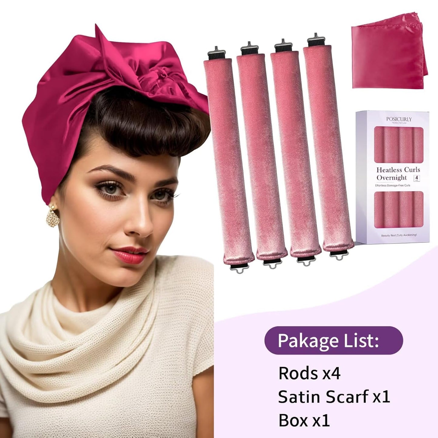 Heatless Curls Overnight Hair Curlers - 4 Pcs No-Heat Curling Rod to Sleep In,Velvet Hair Rollers with Satin Wrap