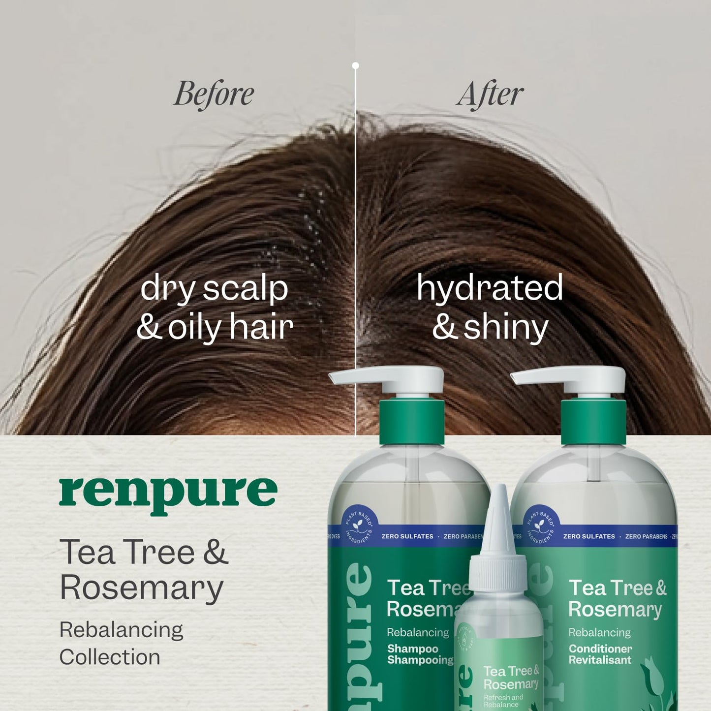 Renpure Tea Tree & Rosemary Shampoo & Conditioner Set, Plant Based - Refreshes & Rebalances Hair and Scalp - For Oily/Normal Hair - Tea Tree Leaf Oil, Rosemary Leaf Extract - 24 Fl Oz each, 2 Pack