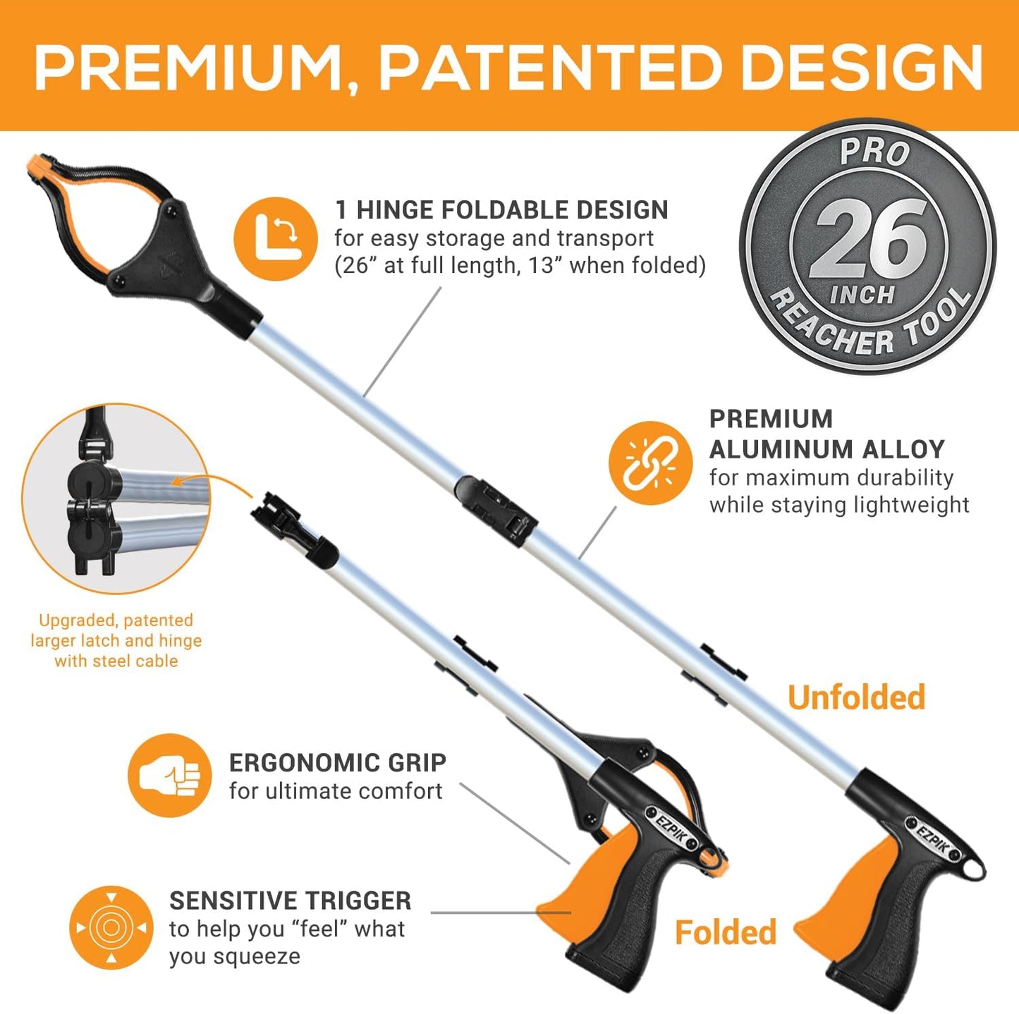 EZPIK® Grip Aid Tool Grabber Reacher + Magnets - Grabbers for Seniors, Trash Picker Upper Grabber - Trash Grabber Tool- Reacher Grabber Pickup Tool (Silver, 26" (Pack of 2))