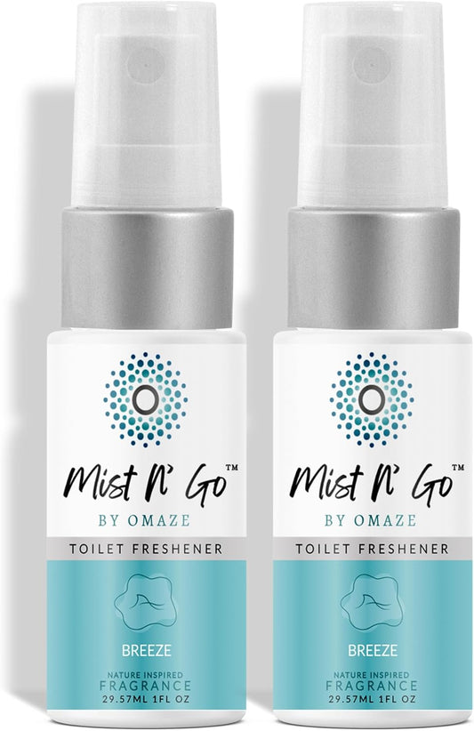 Mist N’ Go by Omaze Travel Bathroom Spray for Toilet Spray Odor Eliminator - Travel Toilet Spray for Bathroom Air Freshener Spray for Bathroom Deodorizer - Breeze Travel Size (1oz x2)