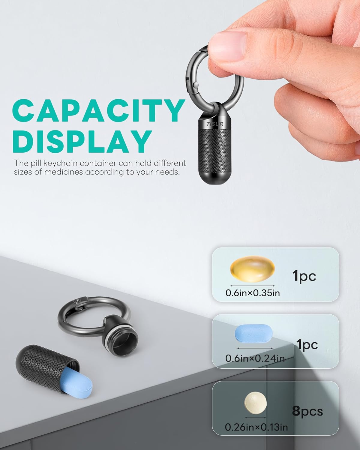 TISUR Small Pill Keychain Container, Mini Portable Titanium Keychain Pill Holder, Pocket Travel Bottle Metal Purse Box Case Black (Tiny Black-0.39inch)