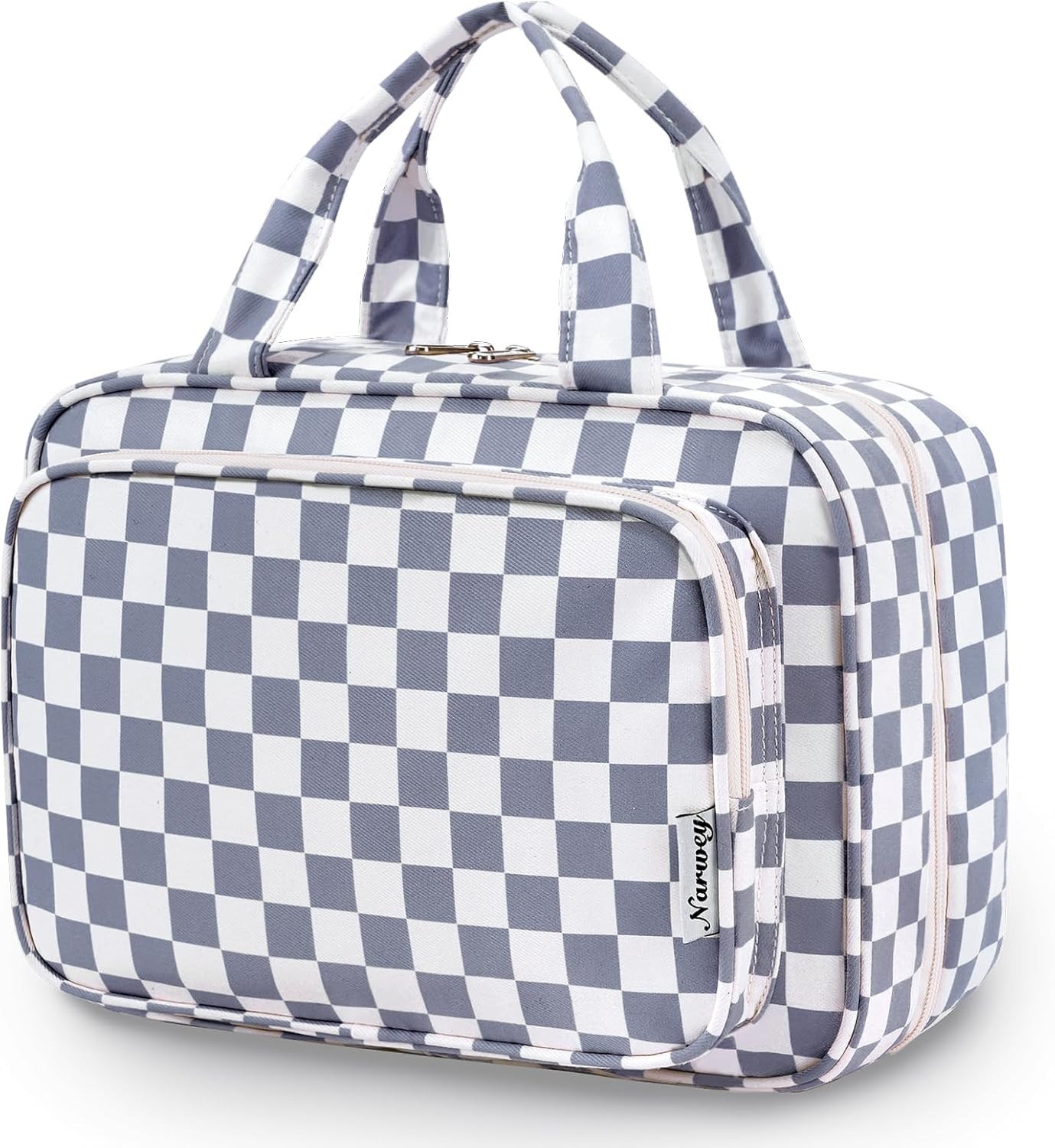 Narwey Travel Toiletry Bag for Women Large Hanging Makeup Bag Organizer Toiletries Bag for Full Size Essentials Accessories Cosmetics (Grayish Blue Checkerboard (Large))