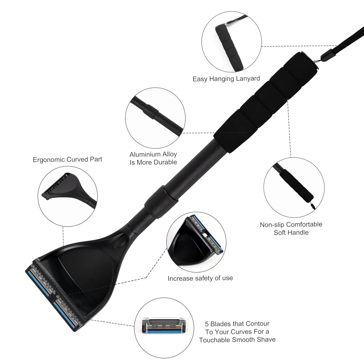 EASACE Back Shavers for Men,Back Hair Shaver for Men with 8pcs Safety Blade,Back & Body Hair Trimmer,Long Handle 21 Inch Adjustable, Curved DIY Shaver