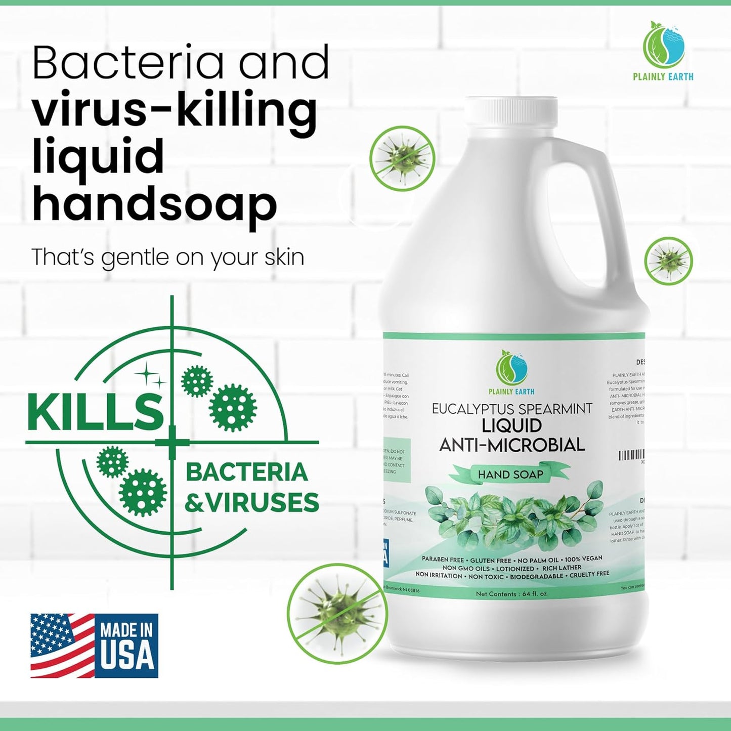 AntiMicrobial Hand Soap 64 oz - Eucalyptus Spearmint Gentle Liquid Hand Soap Refill Antibacterial - Moisturizing, Long Lasting Freshness & Safe for Skin