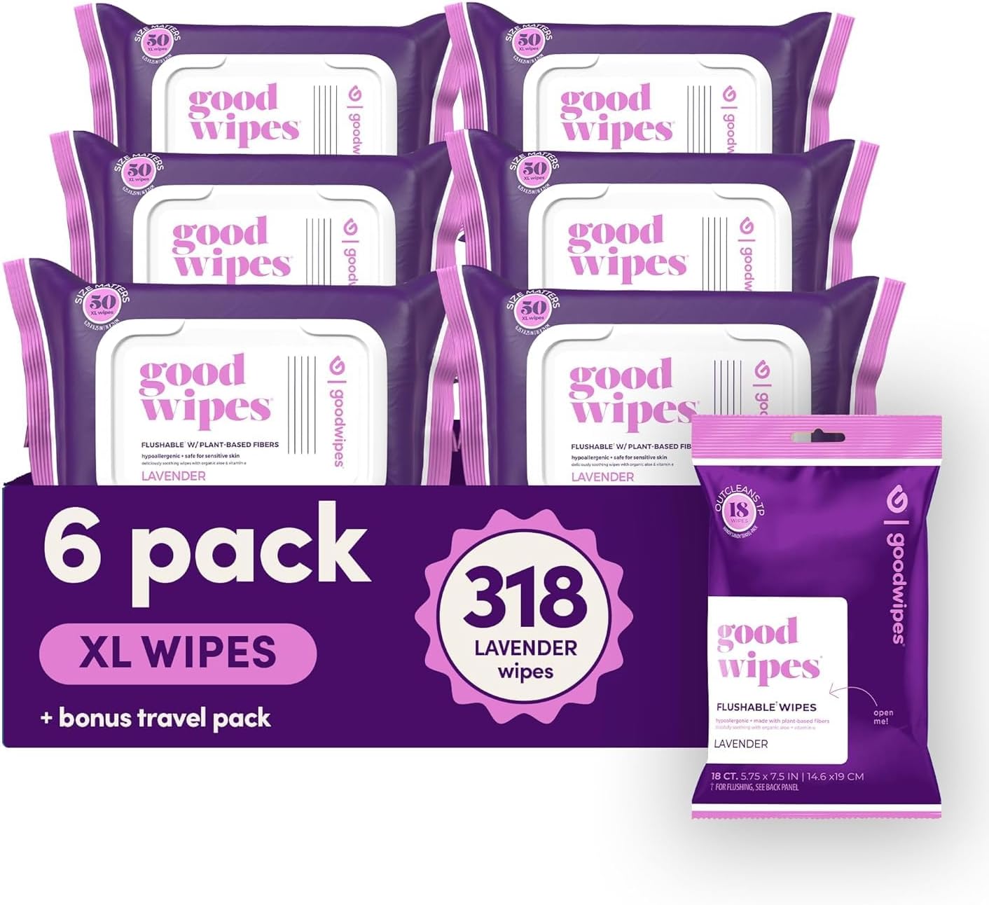 goodwipes Flushable Butt Wipes - Vitamin E & Aloe - Sewer & Septic Safe - Extra Large Adult Wet Wipes For Women & Men - Bathroom Essentials - Lavender, 318 Count (6 Packs + 1 Travel)