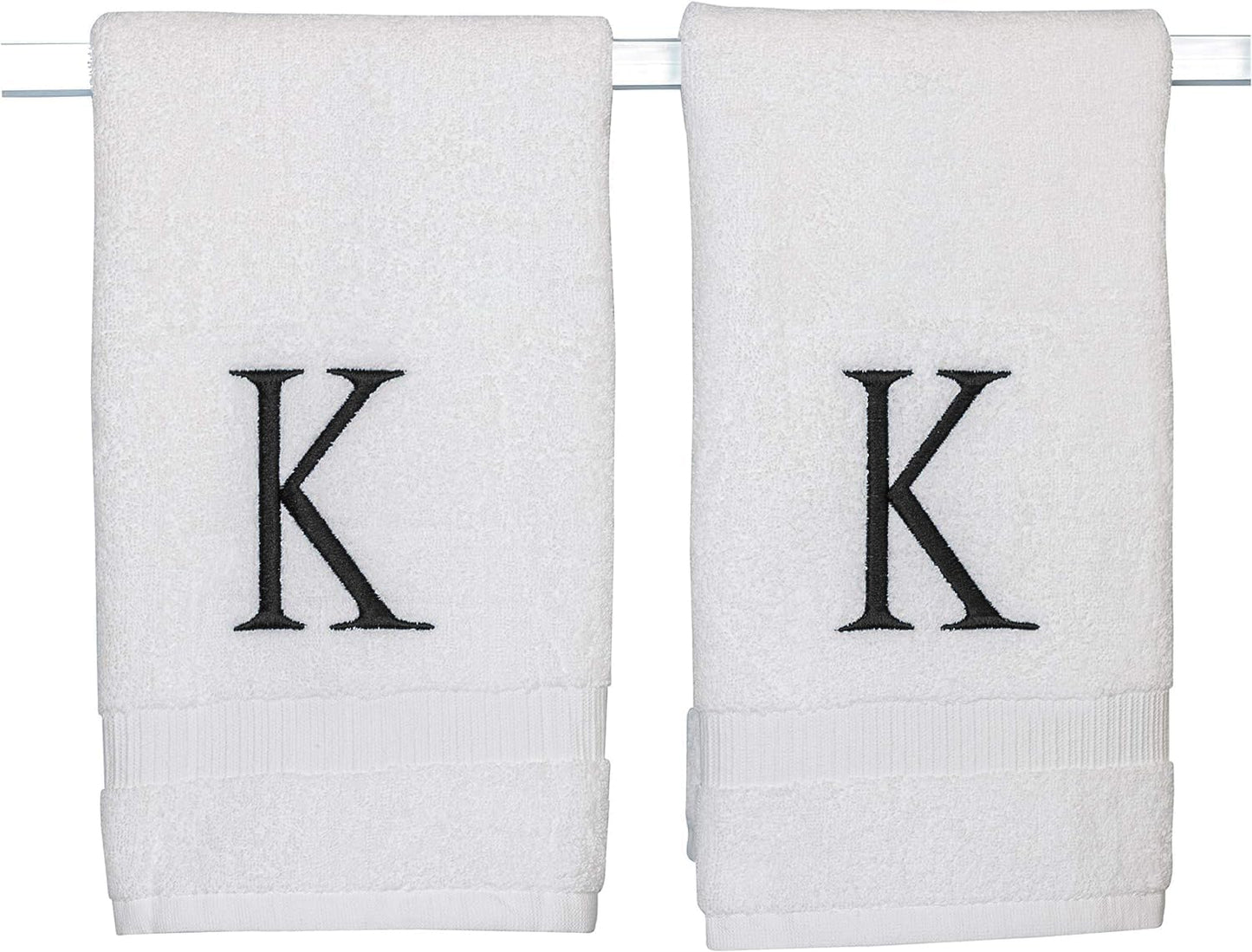 Black Monogrammed Bathroom Hand Towel - Black & White Luxury Hotel Quality Personalized Initial Decorative Embroidered Towel for Powder Room, Spa - GOTS Organic Certified - Set of 2 Letter K
