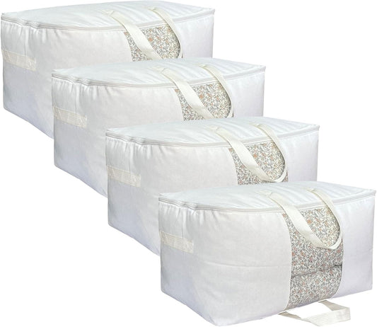 Soft Canvas Clothes Storage Bags with Four Carrying Handles and Clear Window, Closet Organizer for Clothing, Blankets Sheets Pillows and Bedding, 55L, 4 Pack, White