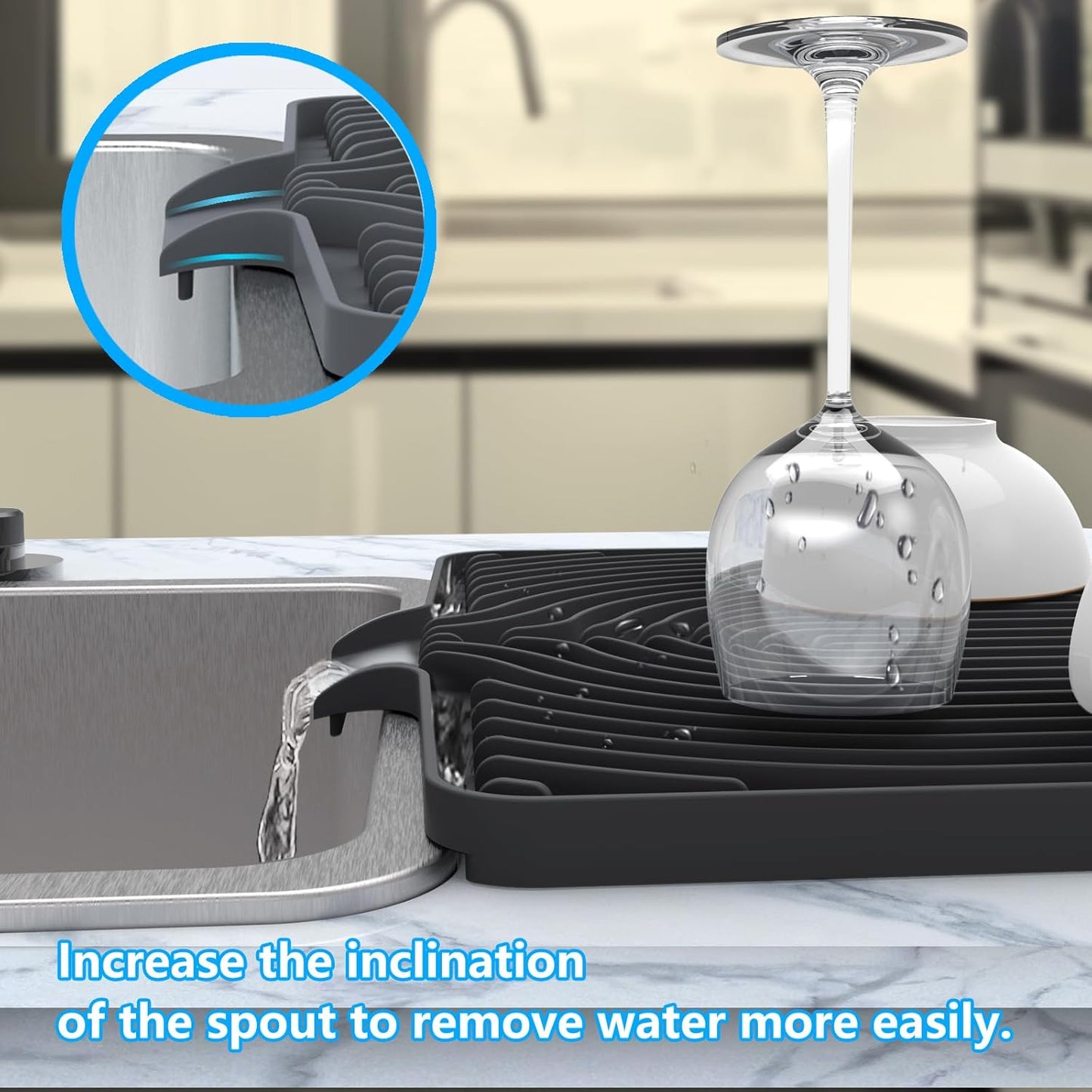 Kitchen Drying Mat for sink with a bulged edge,18"×12"Silicone Dish Drying Mat with built-in Drain Spout, Rubber Dish Mat for Kitchen (18"×12"black)