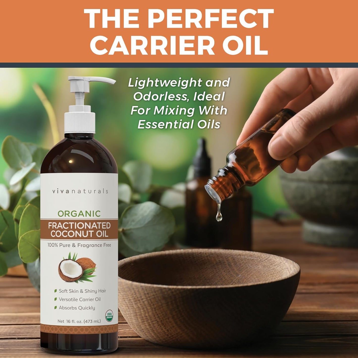 Viva Naturals Organic Fractionated Coconut Oil - Skin & Hair Moisturizer, Relaxing Massage and Body Oil, Carrier Oil for Essential Oils Mixing, Pure Non-Greasy Coconut Oil for Skin and Hair, 16 fl oz