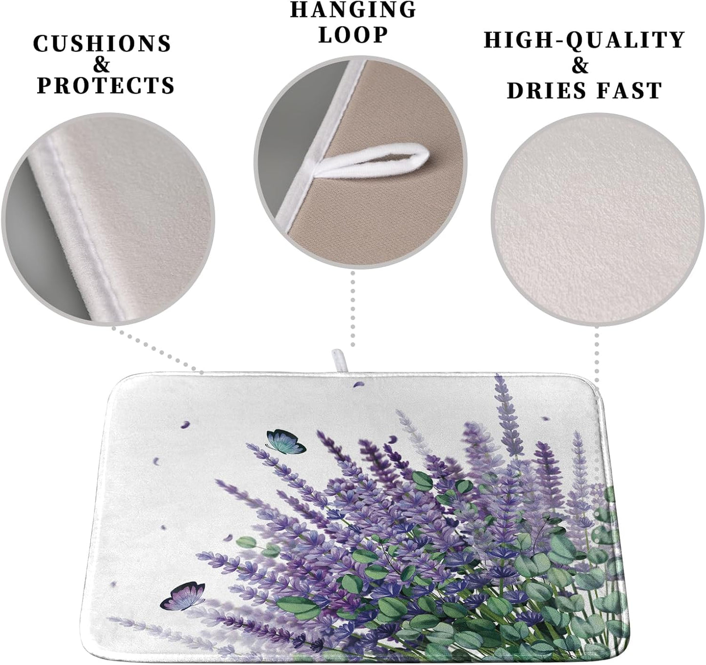 Purple Lavender Dish Drying Mat for Kitchen Counter, 18 x 24 Purple Floral Microfiber Dish Drainer Mats, Absorbent Reversible Microfiber Dish Mat, Butterflies Flowers Kitchen Drying Mats for Dishes